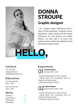 Graphic Designer Skills List with Photo of Young Woman Resume Design Template