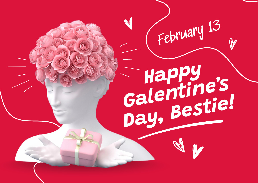 Galentine's Day Greeting with Sculpture in Flowers Postcard Design Template