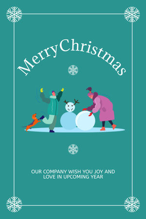 Christmas Festive Cheers with People Making Snowman Postcard 4x6in Vertical – шаблон для дизайну