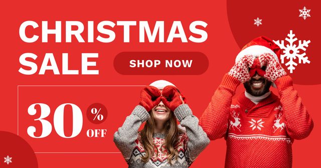Ontwerpsjabloon van Facebook AD van Multiracial Couple Has Fun on Christmas Sale Red