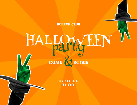 Halloween Party With Hat And Gesture Invitation 13.9x10.7cm Horizontal Design Template