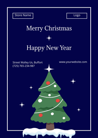 Merry Christmas and Happy New Year Wishes with Decorated Fir Postcard A6 Vertical Design Template