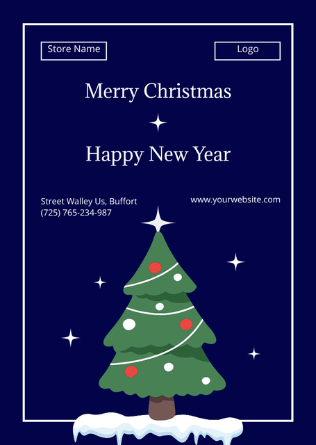 Christmas And New Year Wishes With Decorated Tree Postcard A6 Vertical Design Template