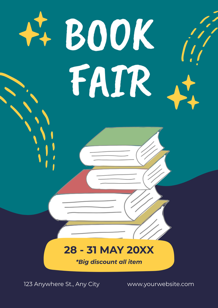 Book Fair Event Ad with Stack of Books Poster Design Template