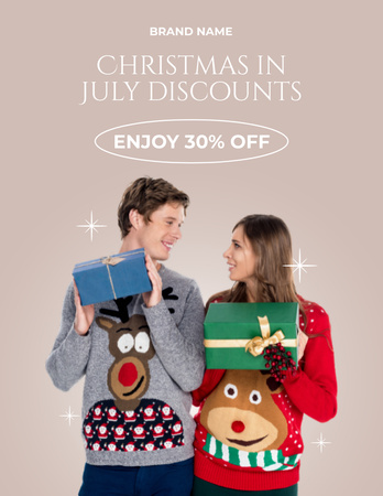 Designvorlage July Christmas Discount Announcement with Young Couple für Flyer 8.5x11in