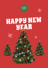 New Year Greeting with Decorated Tree in Red