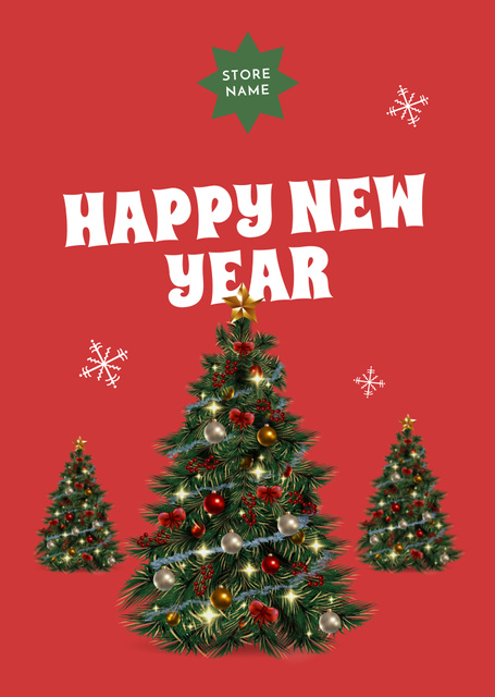 New Year Greeting with Decorated Tree in Red Postcard A6 Vertical Design Template
