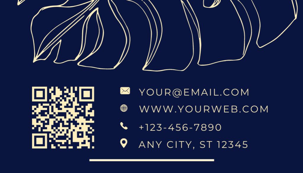 Florist Services Offer with Monstera Leaf Sketch on Blue Business Card USデザインテンプレート