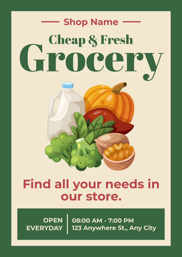 Modèle de visuel Fresh And Cheap Groceries With Illustration - Poster