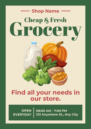 Fresh And Cheap Groceries With Illustration Poster Design Template