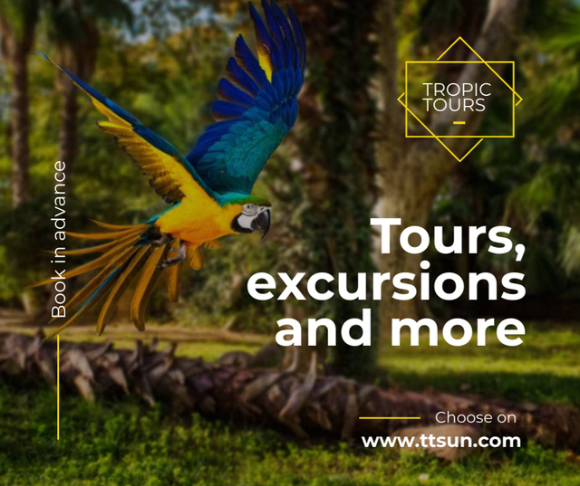 Designvorlage Exotic Birds tour with Blue Macaw Parrot für Facebook