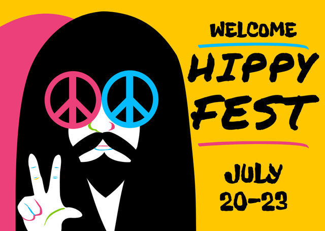 Summer Hippy Festival Announcement With Peace Sign Postcard Design Template
