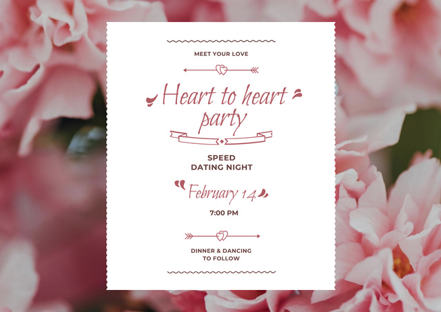Valentine's Party Invitation with Pink Flowers Poster A2 Horizontal Tasarım Şablonu