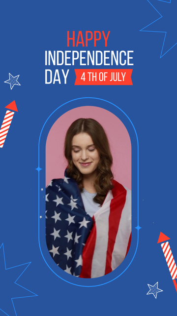 Platilla de diseño Young Attractive Woman with Flag Congratulates Happy Independence Day USA Instagram Video Story