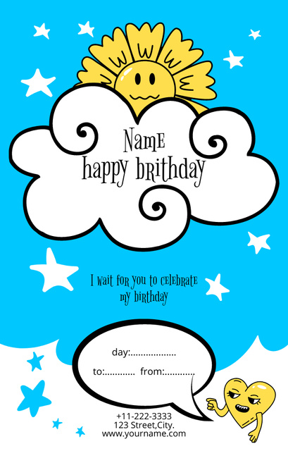 Happy Birthday Wishes with Cloud and Flower Invitation 4.6x7.2in Design Template