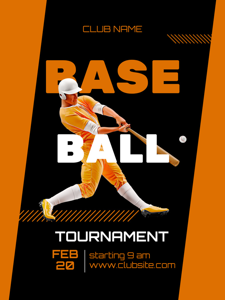 Baseball Tournament Announcement with Professional Player in Action Poster US Modelo de Design