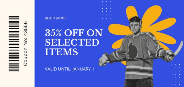 Sport Store Offer with Handsome Hockey Player Coupon Din Large – шаблон для дизайна