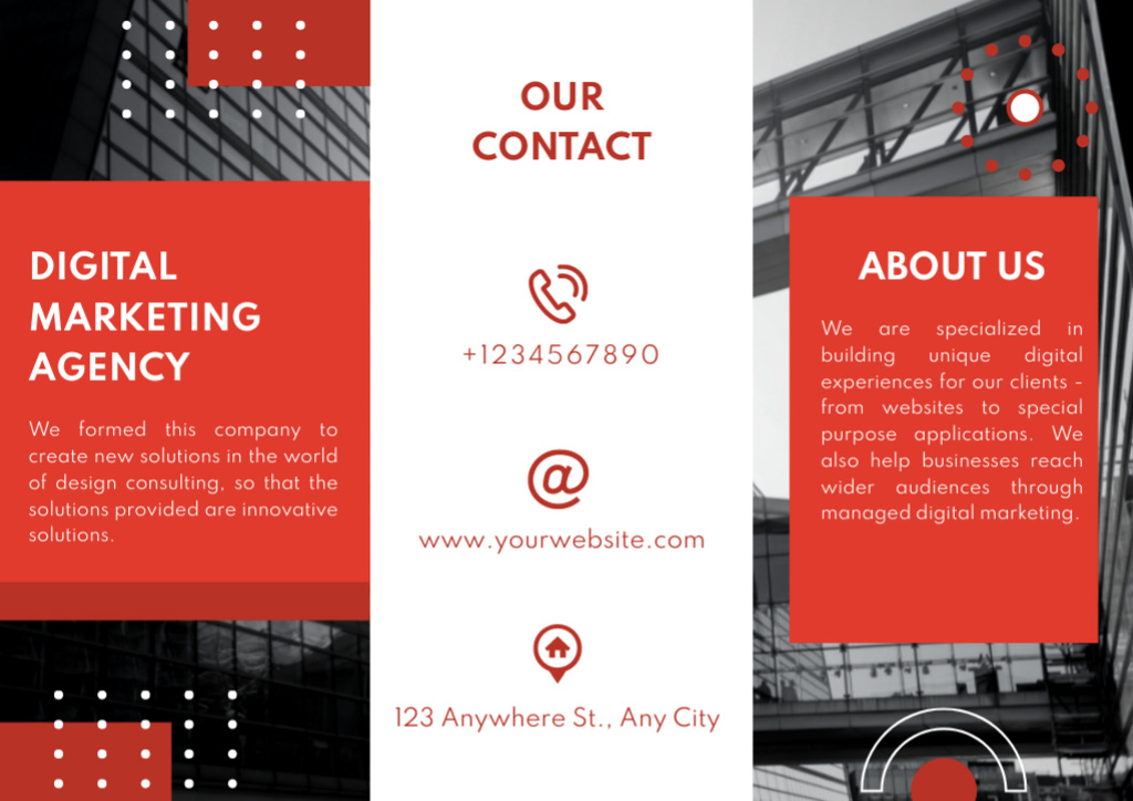 Marketing Agency Service Announcement with Glass Facade Brochure Design Template