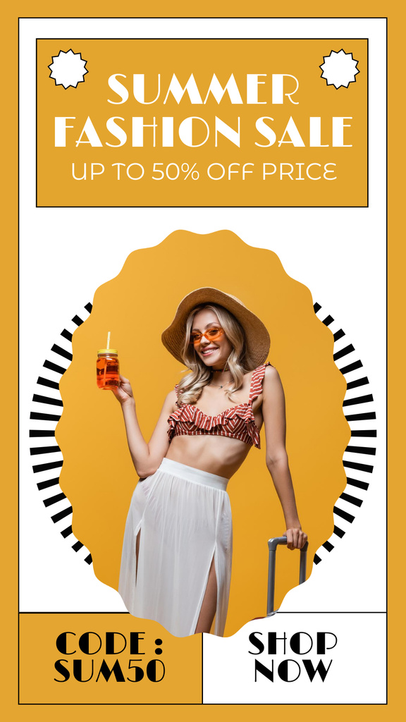 Summer Fashion Sale Ad with Woman holding Cocktail Instagram Story Πρότυπο σχεδίασης