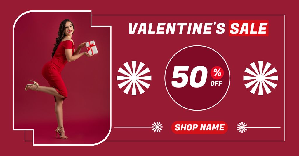 Valentine's Day Sale with Woman in Red Dress with Gift Facebook AD Modelo de Design
