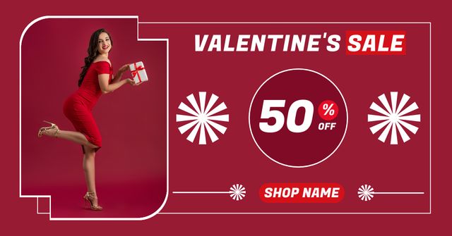 Valentine's Day Sale with Woman in Red Dress with Gift Facebook AD Design Template