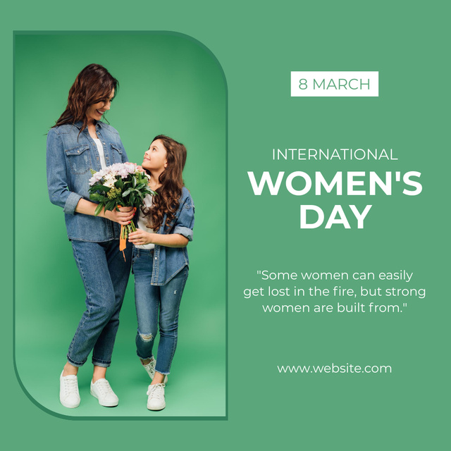 Woman and Little Girl with Flowers on Women's Day on Green Instagram Design Template