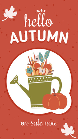 Ontwerpsjabloon van Instagram Video Story van Autumn Sale with Cute Watering Can and Pumpkin