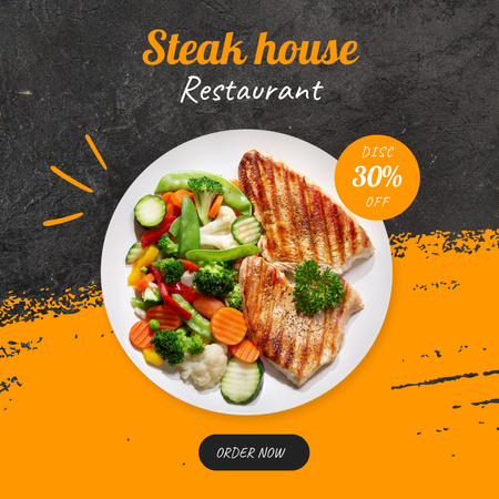 Designvorlage Steakhouse-Werbung mit servierter Mahlzeit zu einem reduzierten Preisangebot für Instagram