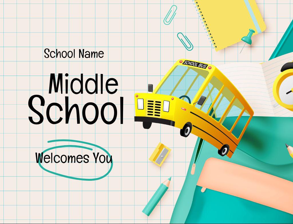 Middle School Welcomes You With Yellow Bus Illustration Postcard 4.2x5.5in – шаблон для дизайну
