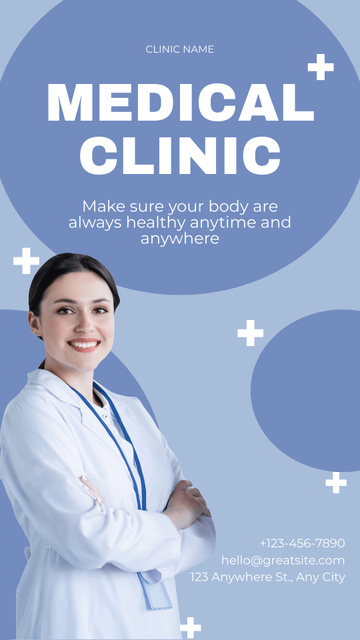 Medical Clinic Services Ad with Smiling Woman Instagram Video Story Design Template