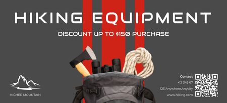 Реклама туристического снаряжения с инструментами в рюкзаке Coupon 3.75x8.25in – шаблон для дизайна