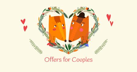 Plantilla de diseño de linda pareja de zorros en el corazón floral Facebook AD 