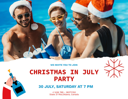 Christmas Party in July with Bunch of Young People in Pool Flyer 8.5x11in Horizontal Design Template