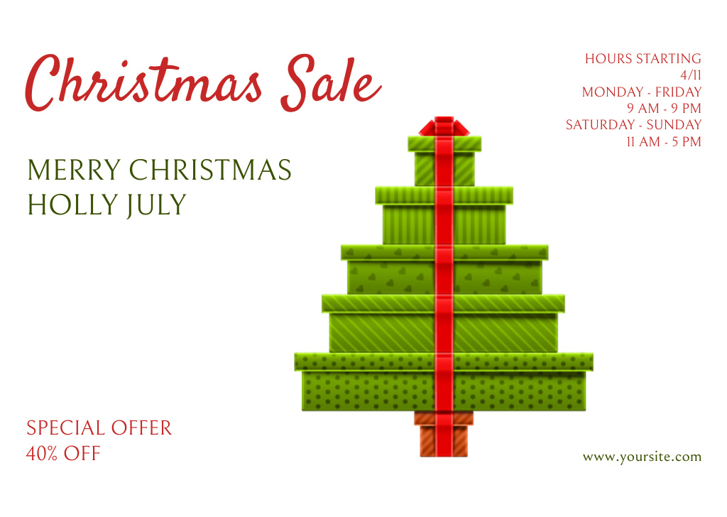 Template di design July Christmas Sale Offer with Green Gift Boxes Flyer A6 Horizontal