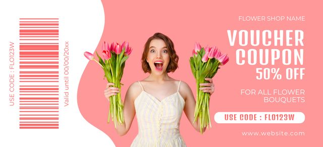 Cheerful Woman with Bouquets of Tulips Coupon 3.75x8.25in Design Template