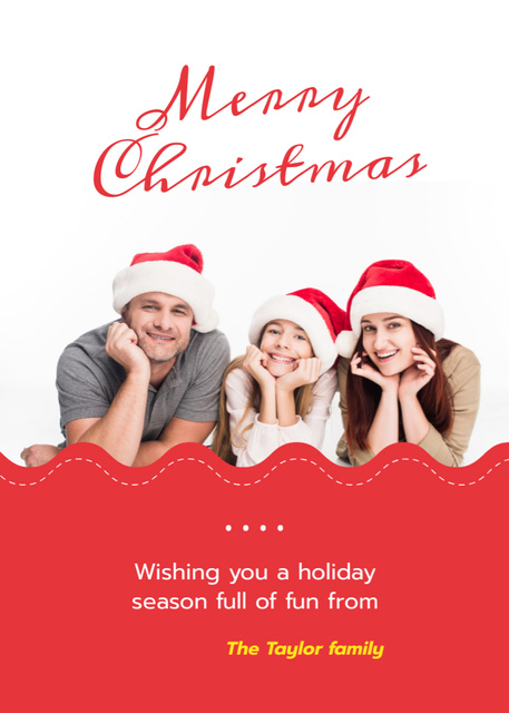 Plantilla de diseño de Christmas Greetings And Wishes from Family In Santa Hats Postcard 5x7in Vertical 