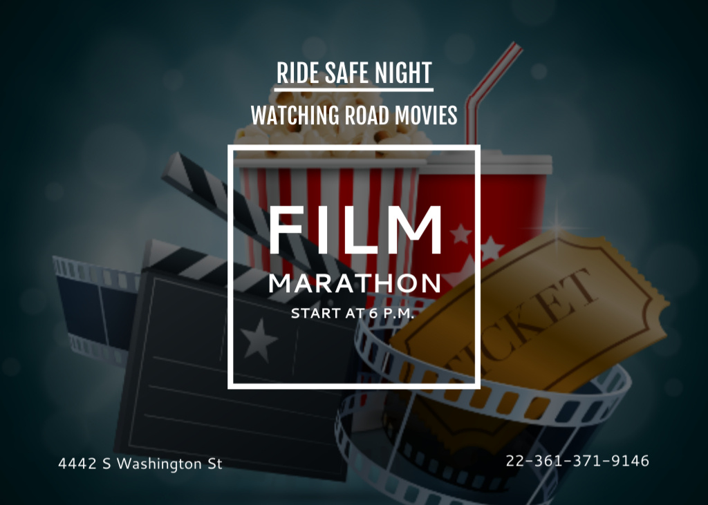 Plantilla de diseño de Film Marathon Night With Popcorn Postcard 5x7in 