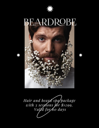 Barbershop Ad with Man with Flowers in Beard Poster 8.5x11in Design Template