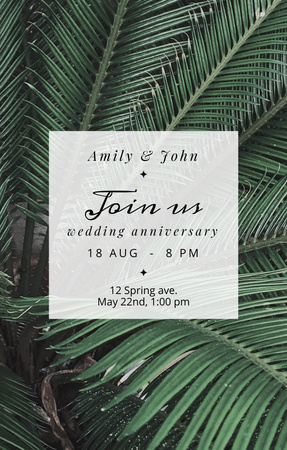 Plantilla de diseño de Wedding Anniversary Announcement with Tropical Leaves Invitation 4.6x7.2in 