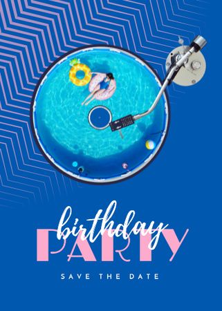 Birthday Party Announcement with Inflatable Rings in Pool Invitation Modelo de Design