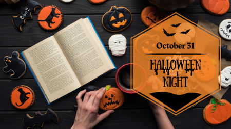 Halloween night Announcement with Books and Pumpkins FB event cover Modelo de Design