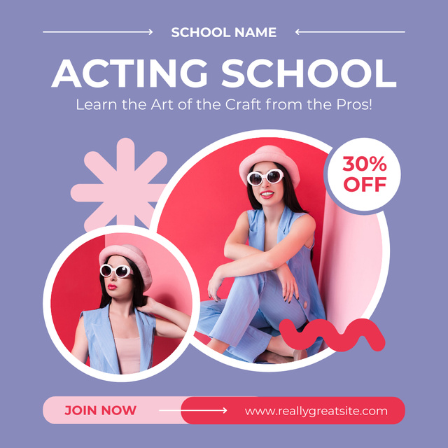Discount on Training at Acting School with Woman in Hat Instagram Design Template