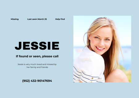 Announcement of Missing Young Woman With Contact Information Poster B2 Horizontal Design Template