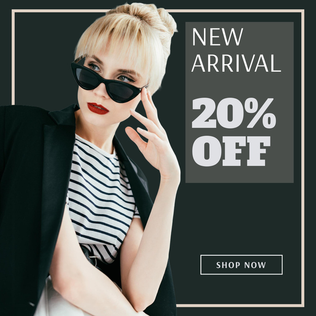 Plantilla de diseño de New Arrival Discount Announcement with Blonde in Sunglasses Instagram 
