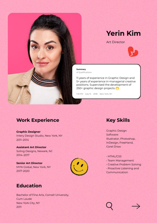 Művészeti igazgató Oktatás és tapasztalat leírása rózsaszín színben Resume tervezősablon
