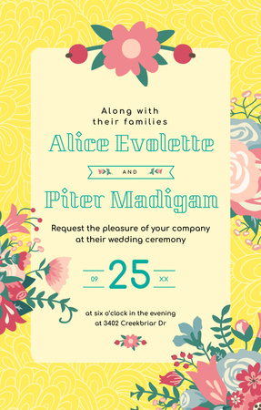 Modèle de visuel Faire-part de mariage avec des fleurs illustrées sur jaune - Invitation 4.6x7.2in