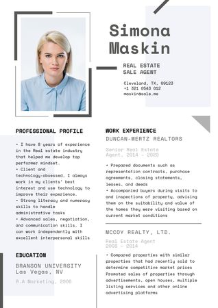 Template di design Real Estate skills and experience Resume