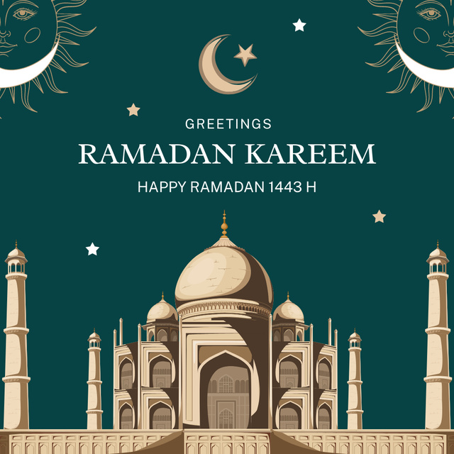 Beautiful Ramadan Greeting with Moon above Mosque Instagram Design Template