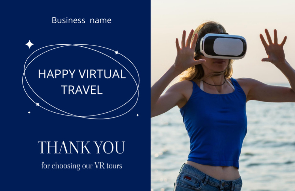 Woman in Virtual Reality Glasses on Background of Seascape Thank You Card 5.5x8.5in Tasarım Şablonu