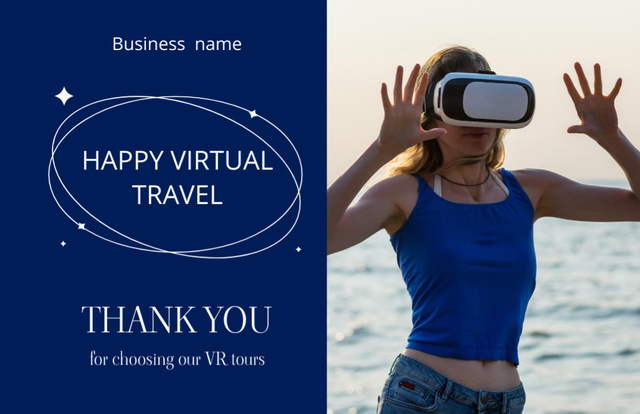 Plantilla de diseño de Woman in Virtual Reality Glasses on Background of Seascape Thank You Card 5.5x8.5in 